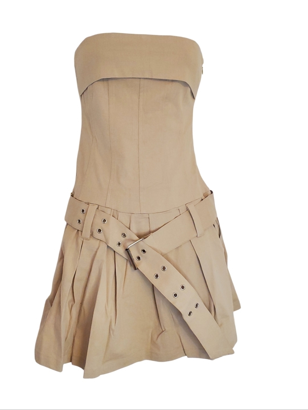 Strapless Belted Khaki Dress. NWT. Sizes Available XS - Picture 4 of 5